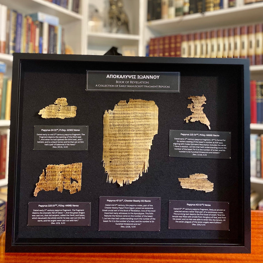 Large framed shadowbox collection of Book of Revelation papyrus replicas