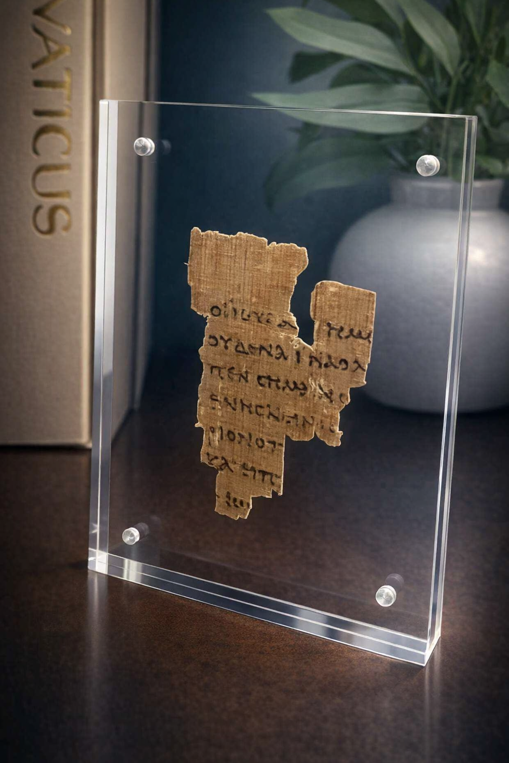 Framed replica of Papyrus 52, the oldest New Testament manuscript, John 18