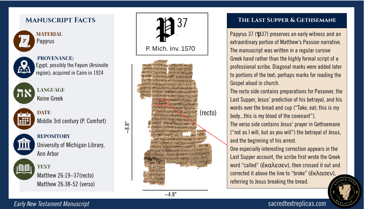 Last Supper & Gethsemane | Papyrus 37 Replica | Matthew 26:19–52 | Early Greek New Testament Manuscript