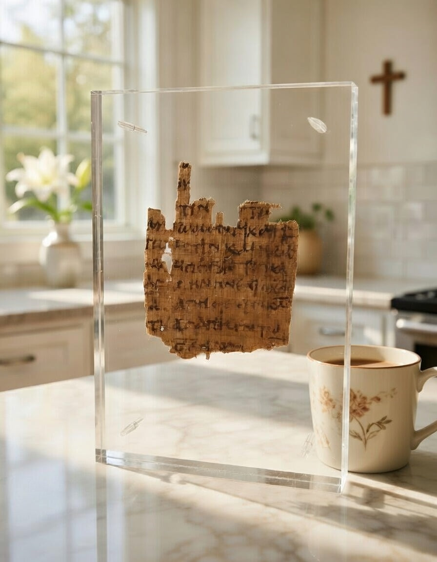 Framed replica of Papyrus 9, 1 John 4 manuscript fragment